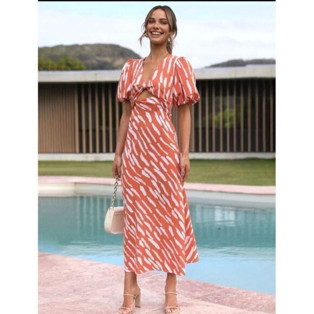 Commense‎ Print V-Neck Bubble Sleeves Hollow Out Dress Size S